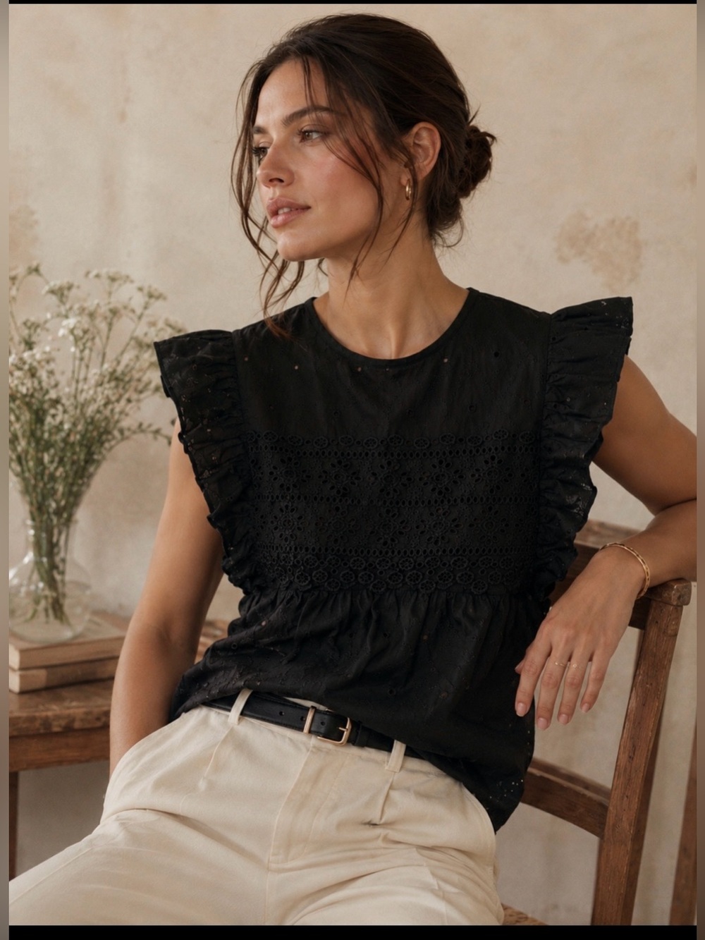 Bimba y Lola black cotton eyelet embroidered blouse with ruffled flutter sleeves